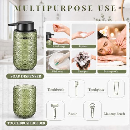 Bathroom soap Dispenser and Toothbrush Holder Set | Bathroom Accessories 2 pack cup and toothpaste holder green glass - color: Sage Green