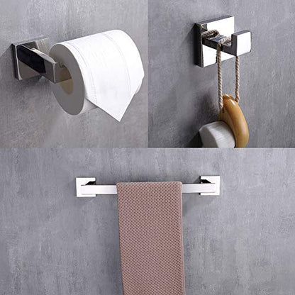 TASTOS 3-Piece Chrome Bathroom Hardware Accessory Set, Premium Stainless Steel Robe Hook Toilet Paper Holder 16-Inch Towel Bar Set Wall Mounted Square Style, Polished Finish (Silver) - color: Polished