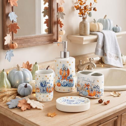 4 Pcs Fall Chinoiserie Ceramic Bathroom Accessories Blue and White Pumpkin Lotion Soap Dispenser, Toothbrush Holder, Tumbler, Soap Dish for Autumn Thanksgiving Bathroom Decorations Gifts - style: Fall Chinoiserie Pumpkin