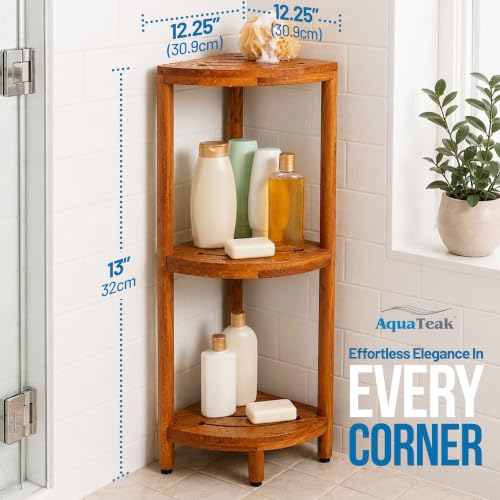 AquaTeak Kai 40.25" Teak Corner Shelf Stand, 3 Tier Shower Stand | Space-Saving Design, Durable Water-Resistant Teak, Anti-Slip Feet - size: Stand Only