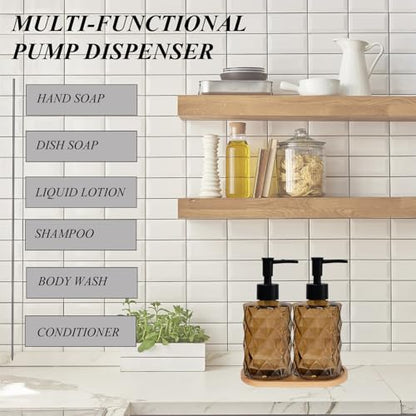 12oz Brown Glass Hand and Dish Soap Dispenser Set, Diamond Design, Set of 2 | Bathroom Soap Dispenser with Plastic Pumps, Bamboo Tray for Hand Wash & Dish Wash, for Bathroom Kitchen Countertop - color: Brown