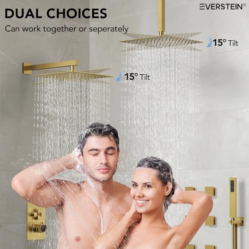 12" High-Pressure Rainfall Shower Faucet with Valve for Bathroom, Dual Rainfall Shower Head System with 6 Body Jets, Rough in-Valve (Brushed Gold) | High-Pressure, Dual 12" Rainfall Shower Head System, 6 Body Jets, Rough in-Valve - color: Brushed Gold
