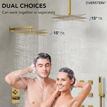 12" High-Pressure Rainfall Shower Faucet with Valve for Bathroom, Dual Rainfall Shower Head System with 6 Body Jets, Rough in-Valve (Brushed Gold) | High-Pressure, Dual 12" Rainfall Shower Head System, 6 Body Jets, Rough in-Valve - color: Brushed Gold