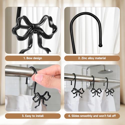 12 Pack Elegant Bow Shower Curtain Hooks, Black Metal Rustproof Decorative Shower Curtain Hooks, Shower Curtain Hangers for Bathroom Art Decor