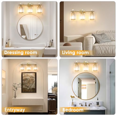 3-Light Gold Bathroom Light Fixtures | Modern K9 Crystal Vanity Lights, Wall Sconce, Stainless Steel Base, Elegant Bathroom & Bedroom Lighting - color: Gold, size: Round-3-Light