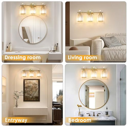 3-Light Gold Bathroom Light Fixtures | Modern K9 Crystal Vanity Lights, Wall Sconce, Stainless Steel Base, Elegant Bathroom & Bedroom Lighting - color: Gold, size: Round-3-Light