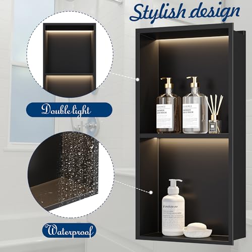 Matte Black 2-Tier 3 CCT LED Niche, 12"x24" No-Tile Shower Storage | shower niche with 3-Temperature LED Strip Light (4000K/6000K/3000K),Waterproof, Sturdy&Durable,304 Stainless Steel Wall Niche - color: Matte Black, size: 12X24In