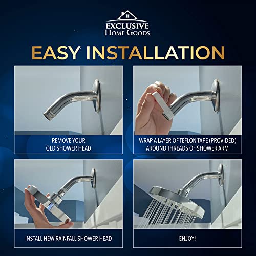 Rainfall Shower Head - 6" High Pressure Shower Heads - 1.8 GPM Shower Heads with Anti-Clog 90 Rubber Jets - 360° Rotation Adjustable Shower Head - Rustproof Bathroom Shower Head - Polished Rainbow