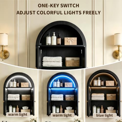Bathroom Wall Cabinet with LED Light, Over The Toilet Storage Cabinet, Arched Bathroom Cabinet Wall Mount with 2 Doors & Adjustable Shelves, Above Bathroom Sink Cabinet for Laundry Kitchen (Black) - color: Black
