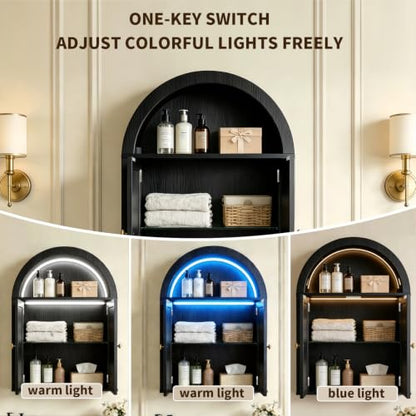 Bathroom Wall Cabinet with LED Light, Over The Toilet Storage Cabinet, Arched Bathroom Cabinet Wall Mount with 2 Doors & Adjustable Shelves, Above Bathroom Sink Cabinet for Laundry Kitchen (Black) - color: Black