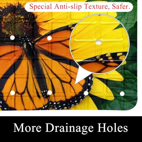 Shower Mat Non-Slip Bathtub Mats with Suction Cups and Drain Holes, Butterfly Sunflowers Design, Easy to Clean for Bathroom, 26.8x15.1In - color: Multi 7
