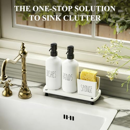 Cisily Kitchen Soap Dispenser Set Comes with Ceramics Sponge Holder, Gold Pumps, and Instant Dry Tray, Hand and Dish Soap Dispenser Set (4, Black + White + Sponge Holder) - color: Black + White + Sponge Holder