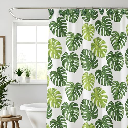 12 Pcs Tropical Leaf Decorative Shower Curtain Hooks Cute Green Monstera Deliciosa Leaves Curtain Rings Hanger Stainless Steel Resin Tropical Botanical Themed Hooks for Home Bathroom Decor - style: Tropical