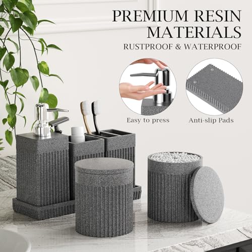 6-Piece Bathroom Set Grey - Stone Textured Resin Bathroom Organizer with Soap Dispenser, Toothbrush Holder, Vanity Tray, Tumbler & Cotton Swab Jars for Small Spaces - color: Grey