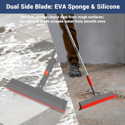Floor Squeegee for Concrete Floor, 15.8" Large Heavy Duty Squeegee for Floor with 60" Adjustable Handle, 2-in-1 Silicone & EVA Blade for Garage,Concrete,Tile,Bathroom,Window Glass Cleaning