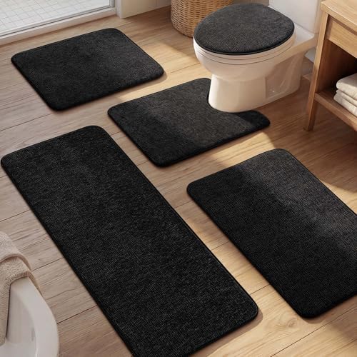 Bathroom Rug Set 5 Piece, Memory Foam Black Bath Mat Non-Slip Quick Dry Absorbent Bath Mats for Bathrooom, Washable Bathroom Rug and U-Shaped Contour Toilet Rug Bath Rug Set for Bath Floor - color: Black, size: 5pieces