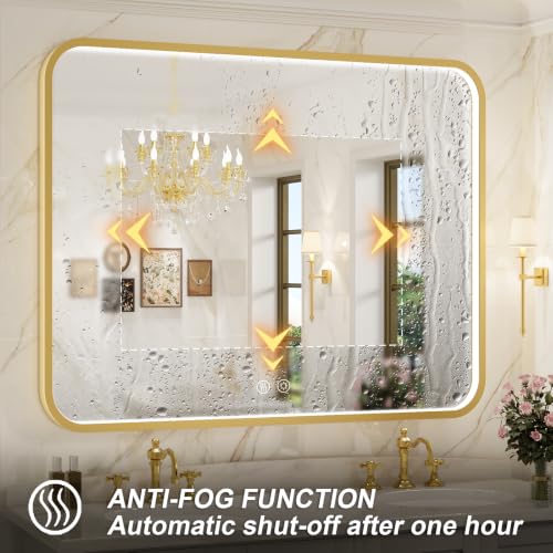 43X36 Inch Gold Framed LED Lighted Bathroom Mirror - color: Gold, size: 43"L x 36"W