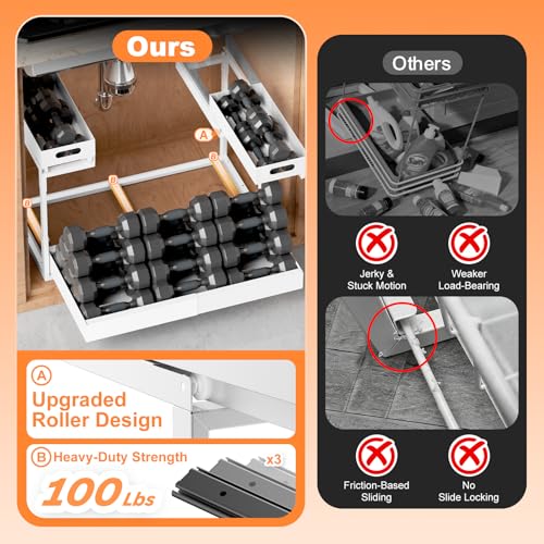 Upgrade 1 Pack Expandable Under Sink Organizer: 2-Tier Pull Out Cabinet with 3 Heavy-Duty Ball-Bearing Slide Rails, Tool-Free Height Adjustable, Slide-Out Drawers for Kitchen, Bathroom, Laundry - size: 1 Pack 15”-25”