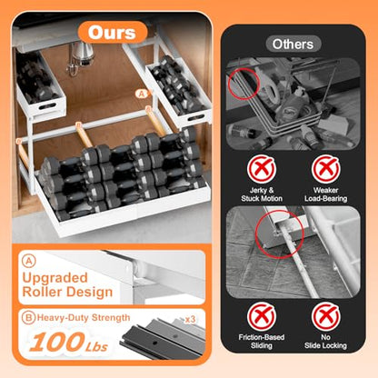 Upgrade 1 Pack Expandable Under Sink Organizer: 2-Tier Pull Out Cabinet with 3 Heavy-Duty Ball-Bearing Slide Rails, Tool-Free Height Adjustable, Slide-Out Drawers for Kitchen, Bathroom, Laundry - size: 1 Pack 15”-25”