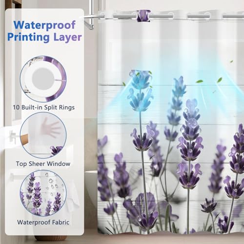 No Hook Lavender Shower Curtain with Liner, Bathroom Hook-free Shower Curtain and Snap in Liner Set, Farmhouse Bathroom Waterproof Shower Curtains with Sheer Top Window and Weighted Hem, 71x74 Inches - color: Dewy Lavender