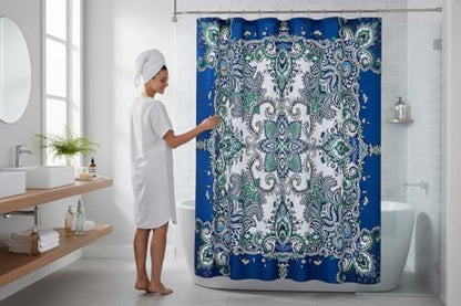 Boho Shower Curtain, Navy Teal White Mandala Floral Design, Fabric, 72 x 72 inches, Stain-Resistant, Paisley Pattern, with Hooks - color: Blue