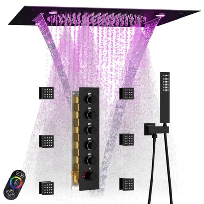 Enga Full Body LED Thermostatic Shower System with Body Jets, 20-Inch 3 Function Shower Head (Rainfall & Mist & Waterfall), Luxury Multi Function Rain Shower Faucet Set, Matte Black - color: Matte Black, style: 20" Head (Rain + Mist+Waterfall) - Jets