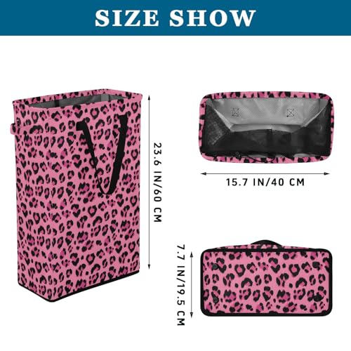 Rose Leopard Cheetah Laundry Hamper Dirty Clothes Laundry Basket Bin for Bedroom Bathroom with Handles Slim Tall Collapsible Waterproof Freestanding 48L - color: Rose Leopard cheetah