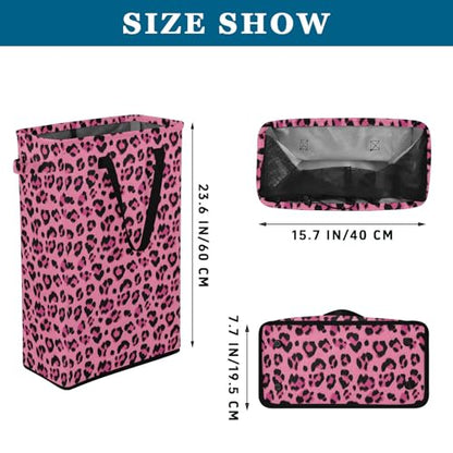 Rose Leopard Cheetah Laundry Hamper Dirty Clothes Laundry Basket Bin for Bedroom Bathroom with Handles Slim Tall Collapsible Waterproof Freestanding 48L - color: Rose Leopard cheetah