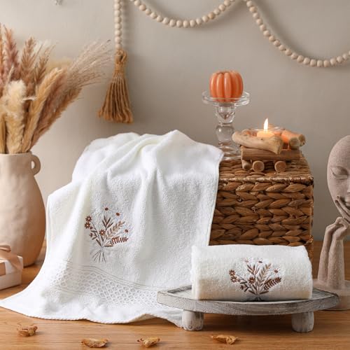 SmoothNovelty 2 Pcs Boho Flowers Hand Towels Beige Bathroom Wildflowers Decor 14x29 Inch Embroidered 100% Cotton Soft Absorbent Spring Summer Decorative Hand Towels for Bathroom Kitchen - style: Bohemian