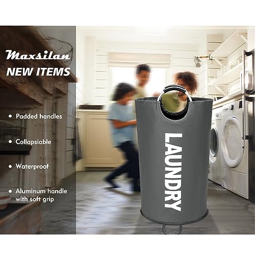 Maxsilan 90L Large Laundry Basket Bag, Collapsible Tall Hamper, Dark Grey | Freestanding tall laundry bag & foldable washing basket. Large capacity clothes storage bin with durable sturdy handles - color: Dark Grey, size: 90L