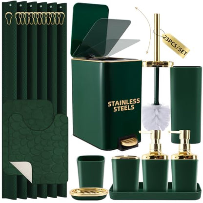 Bathroom Sets with Shower Curtain and Rugs Bathroom Accessories Set Dark Green Bathroom Set,Soap Dispenser & Toilet Brush Holder Set with Stainless Steel Trash Can(23 PCS) - size: Dark Green, style: Bath Set+Waffle Shower Curtain+Bath Rugs