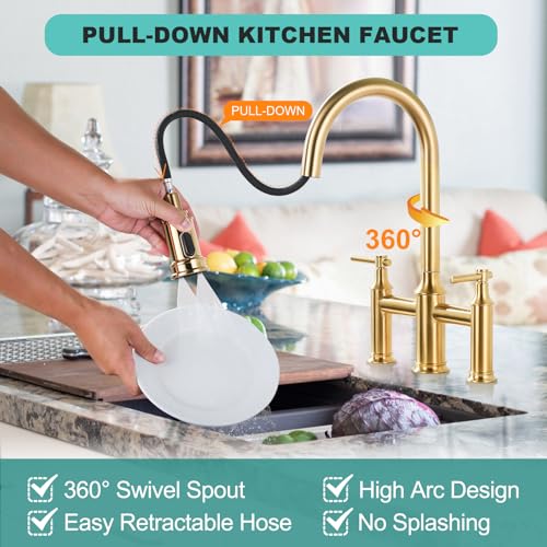 Bridge Kitchen Faucet Brushed Gold: 3 Holes Brass Bridge Faucet with Pull Down Sprayer - Two Handles 8 Inch Centerset Kitchen Sink Faucet, 360° Swivel Spout - color: Brushed Gold