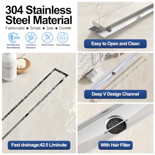 Neodrain 36-Inch Linear Shower Drain-Brushed,with Tile Insert Grate | 304 Stainless Steel, Fast Drainage, Rectangle Shower Floor Drain with Leveling Feet & Hair Strainer, Fits Bathroom, Balcony - color: Brushed, size: 36 IN