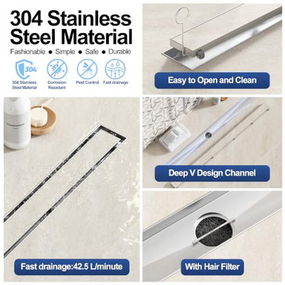 Neodrain 36-Inch Linear Shower Drain-Brushed,with Tile Insert Grate | 304 Stainless Steel, Fast Drainage, Rectangle Shower Floor Drain with Leveling Feet & Hair Strainer, Fits Bathroom, Balcony - color: Brushed, size: 36 IN