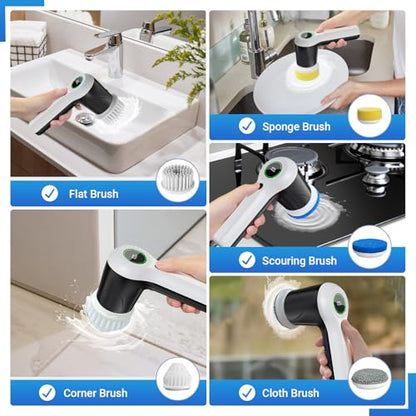 PUFTEM Electric Spin Scrubber, Cordless Shower Scrubber | Battery Level Display, Dual Speed, 6 Replaceable Brush Heads, IPX7 Waterproof, Long Runtime, Tub, Tile & Sink Cleaning - color: White