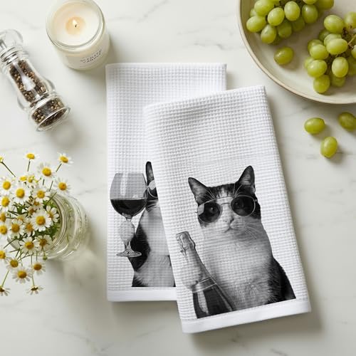 Funny Tuxedo Cat Wine Kitchen Dish Towels Set of 2- Tuxedo Cat Gifts, Gifts for Wine Lovers, Black and White Kitty Kitten Hand Tea Towels for Home Bar Kitchen, 16x24 Inches-041 - color: Wcolor 006