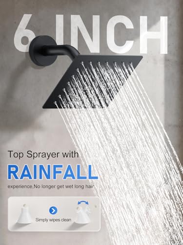 Woindo Shower Faucet Set, 10" Ceiling Mount Rainfall Shower System with 2 Rain Shower Head and Multi-function Handheld Head Push Button Diverter Shower Faucet Trim Kit - color: Matte Black, style: 10"-Ceiling-01