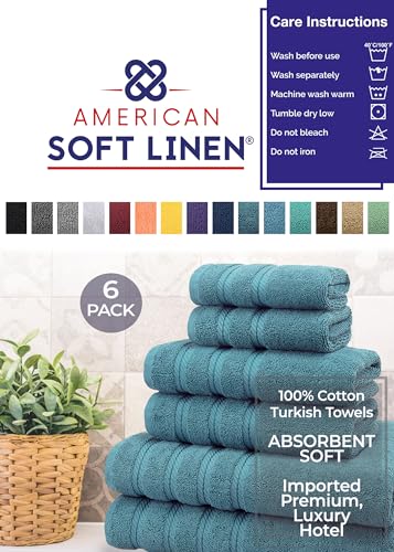 American Soft Linen 100% Carde Cotton 6 Piece Towel Set, 590 GSM Heavy Weight Soft Absorbent Turkish Towels for Bathroom, Teal Green - color: Colonial Blue