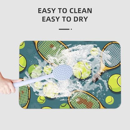 Stone Bath Mat Tennis Racquets And Tennis Balls Diatomaceous Earth Shower Mat Super Absorbent Non-Slip Bath Mats for Bathroom Floor Mats Thin Quick Dry Shower Rug, Easy to Clean, 23.6" x 15.7"
