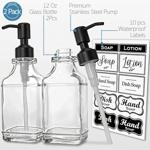 JASAI 2Pack Hand & Dish Glass Soap Dispenser with Black Rust Proof Pump | Refillable Dish Soap Dispenser with Sturdy 304 Stainless Steel Pump Pump for Kitchen and Bathroom. - color: 2 Pack Matteblack