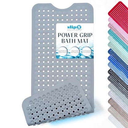 SlipX Solutions 39"x16" Power Grip Non Slip Bathtub Shower Mat, Gray | Stronger Wet Surface Protection, Soft Under Foot, 265+ Suction Cups, Large Drainage Holes - color: Solid Gray
