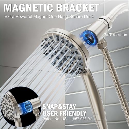 9 Settings High Pressure Magnetic Shower Head with Handheld | Power Wash for Tub&Tile, Magnetic Bracket, Pause Mode for Water Saving, Easy Clean Nozzles, Stainless 6ft Hose, Satin Nicke - color: Satin Nickel
