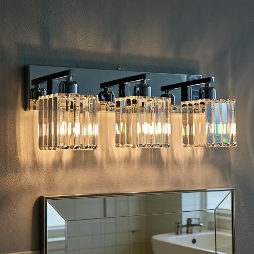 Brushed Chrome Crystal Bathroom Vanity Light, 3-Light Modern Bathroom Lighting Fixtures Over Mirror,Chrome Wall Sconce Light Fixtures with Square Shade - color: Chrome-Square Shade, size: 3-LIGHT