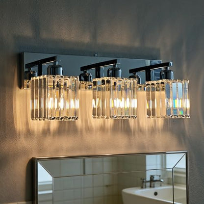 Brushed Chrome Crystal Bathroom Vanity Light, 3-Light Modern Bathroom Lighting Fixtures Over Mirror,Chrome Wall Sconce Light Fixtures with Square Shade - color: Chrome-Square Shade, size: 3-LIGHT