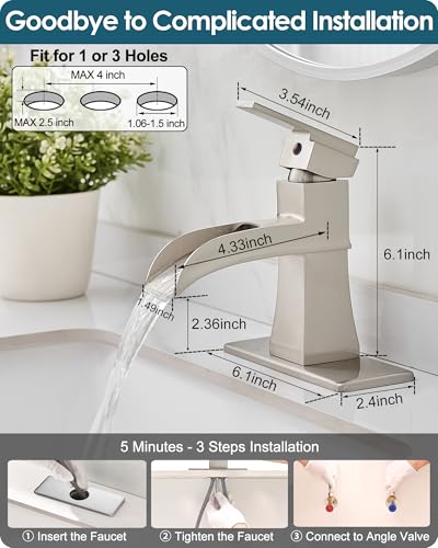 Single Hole Bathroom Faucet 3 Hole (4 Inch), Brass Waterfall Faucet Single Handle, Bathroom Faucets Brushed Nickel Bathroom Sink Faucet with Deck Plate & Pre-Install Hoses Without Pop-up Drain - color: Brushed Nickel - Classic