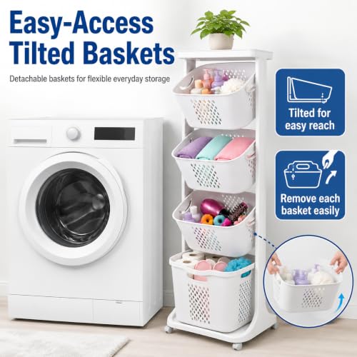 Japard Rolling Laundry Hamper Ultra Slim 22.9 Gal, 4 Sorter Vertical Stackable Baskets with Wheels for Small Space, Dorm, Closet, Bathroom, Easy Assembly White Gray - size: 4 Tier