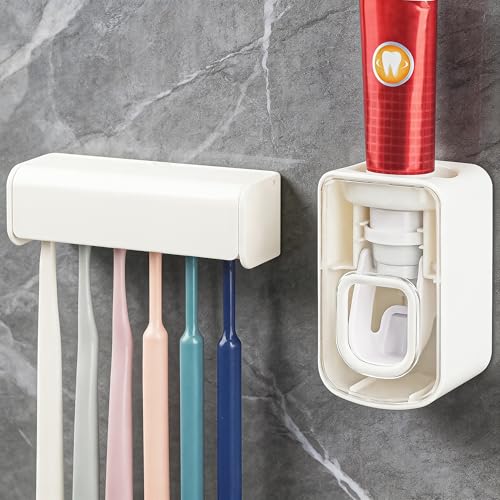 Toothbrush Holder Wall Mounted with Cover for Bathroom, 6 Slots Toothbrush Storage Organizer for Shower, Self Adhesive Toothbrush Hanger with Automatic Toothpaste Squeezer Dispenser (White) - size: Combination A