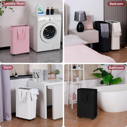 efluky Slim Laundry Basket with Wheels, Rolling Laundry Hamper on Wheels for Clothes, Small Laundry Bin for Bedroom, Dorm and Laundry Room, 60L White