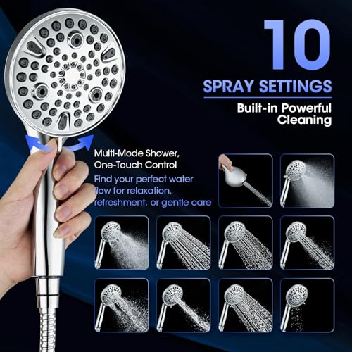 Shower Head with Handheld, High Pressure 10 Spray Built-in Pause & Power Wash, Anti-clog Nozzles, Detachable Hand Held Showerhead with Leakproof Stainless Steel Hose&Adjustable Overhead Bracket Chrome - color: Premium Chrome