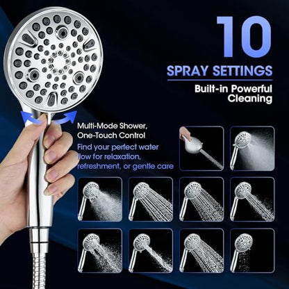 Shower Head with Handheld, High Pressure 10 Spray Built-in Pause & Power Wash, Anti-clog Nozzles, Detachable Hand Held Showerhead with Leakproof Stainless Steel Hose&Adjustable Overhead Bracket Chrome - color: Premium Chrome